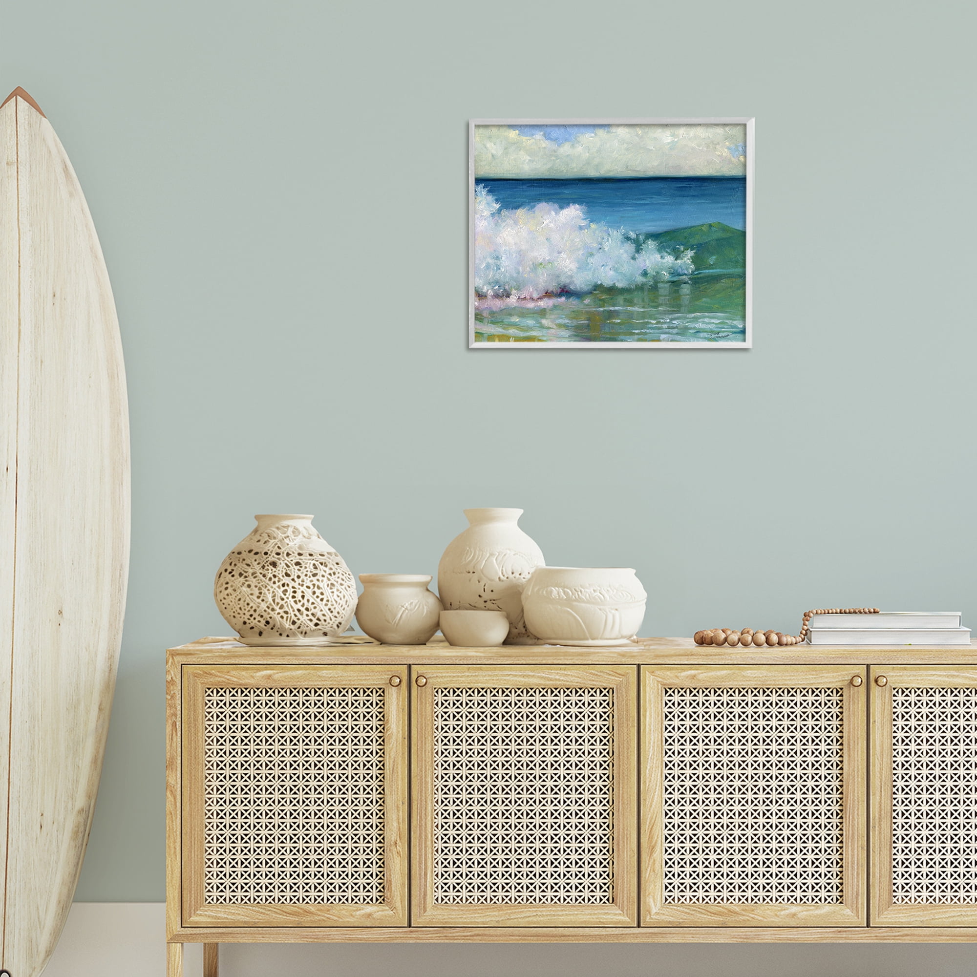 Stupell Industries Strong Splashing Wave Landscape Painting White Framed Art Print Wall Art, 20 x 16