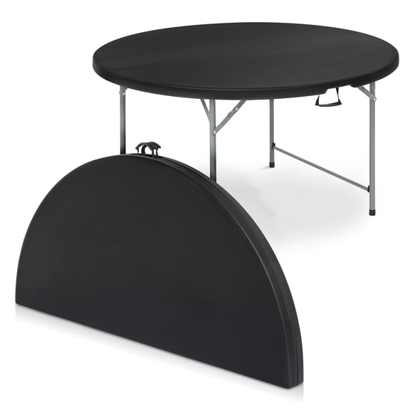 48 Inch Plastic Folding Table Round, 4 Feet Compact Portable Dining Table w/Handle for Outdoor Party Camping Trade Show, Black