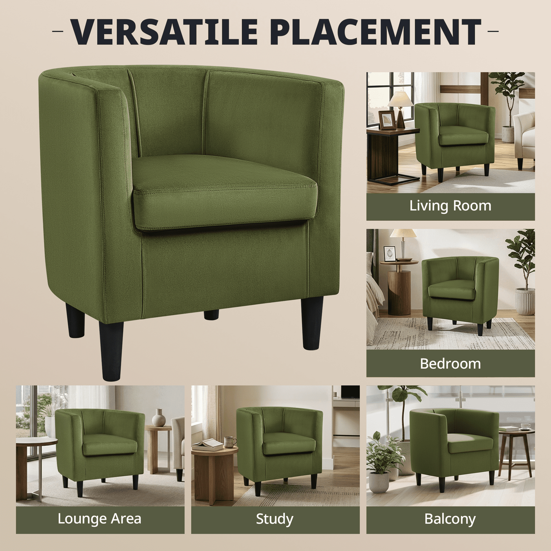 Renwick Upholstered Barrel Shaped Accent Chair with Curved Backrest for Livingroom, Olive Green Velvet