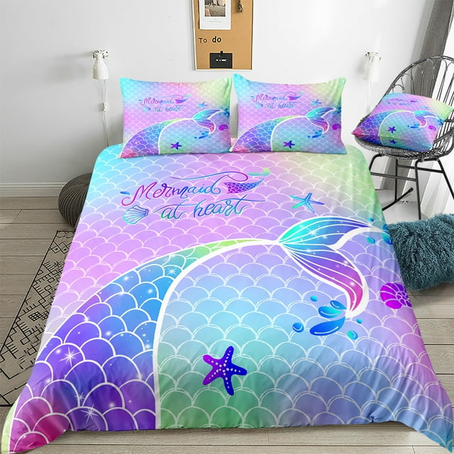 Move Over Mermaid Scale Bedding Sets Queen Colorful Mermaid Duvet Cover Set Blue Purple Mermaid Tail Pattern Microfiber No Filling