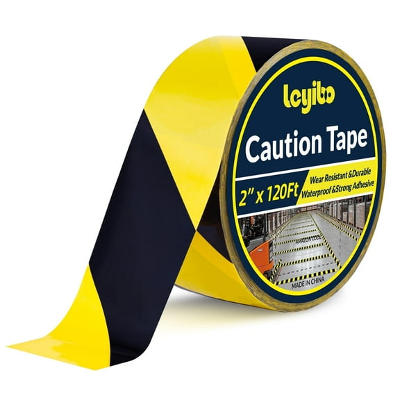 Leyibo-2 Inch x 120 FT Black & Yellow Caution Tape Roll, Hazard Safety Floor Marking Tape, Strong Adhesive, Waterproof, Wear Resistant for Floors, Walls, Staircases, Pipes, Equipment, Dangerous Areas