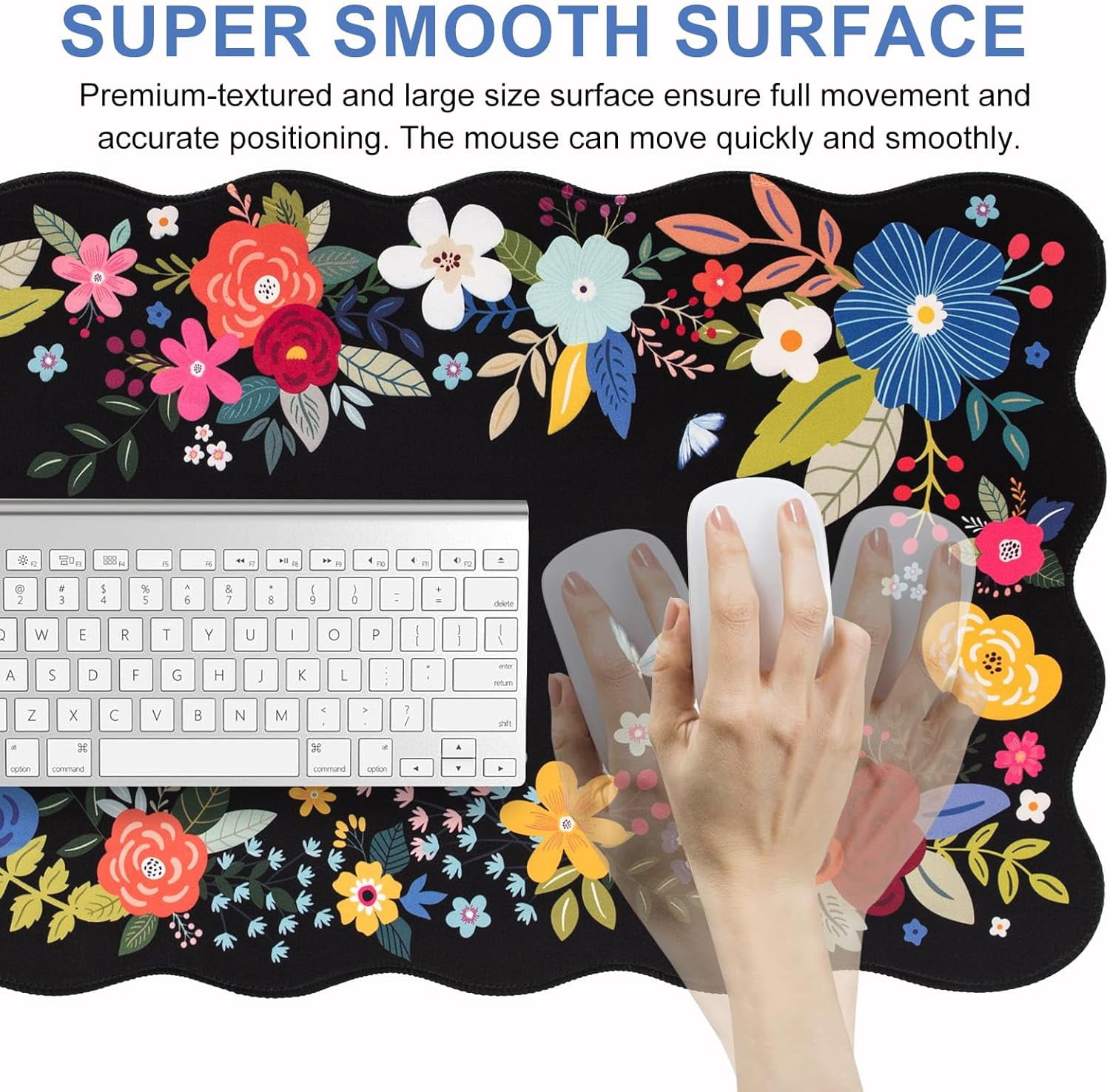Floral Mouse Pad,Black Desk Mat XXL Large Scalloped Gaming Mousepad,35.4x15.7in Non-Slip Rubber Base Keyboard Pad Waterproof Desktop Mat for Laptop Computer Game Home Office-Black Floral