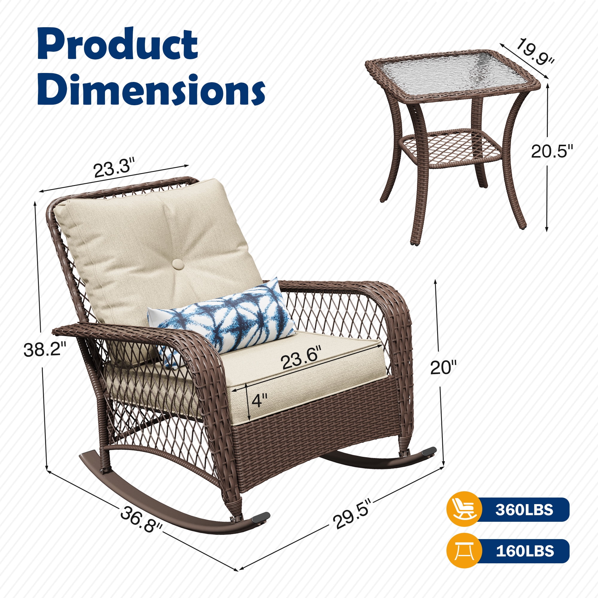 ELPOSUN 3-Piece Outdoor Rocking Chairs, Wicker Patio Furniture with Thickened Cushions and Table for Porch(Brown & Light Gray)