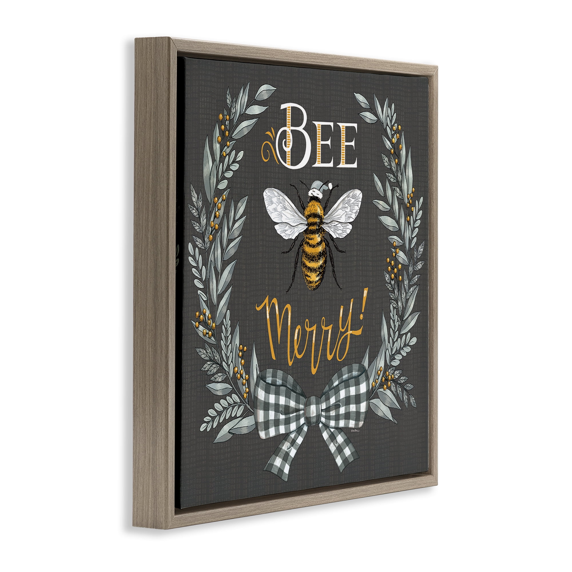 Stupell Industries Bee Merry with Garland Plants & Flowers Painting Brown Floater Framed Canvas Art Print Wall Art, 25 x 25