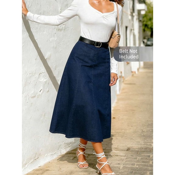 Blue Denim A-Line Midi Skirt High Waist Flared Casual