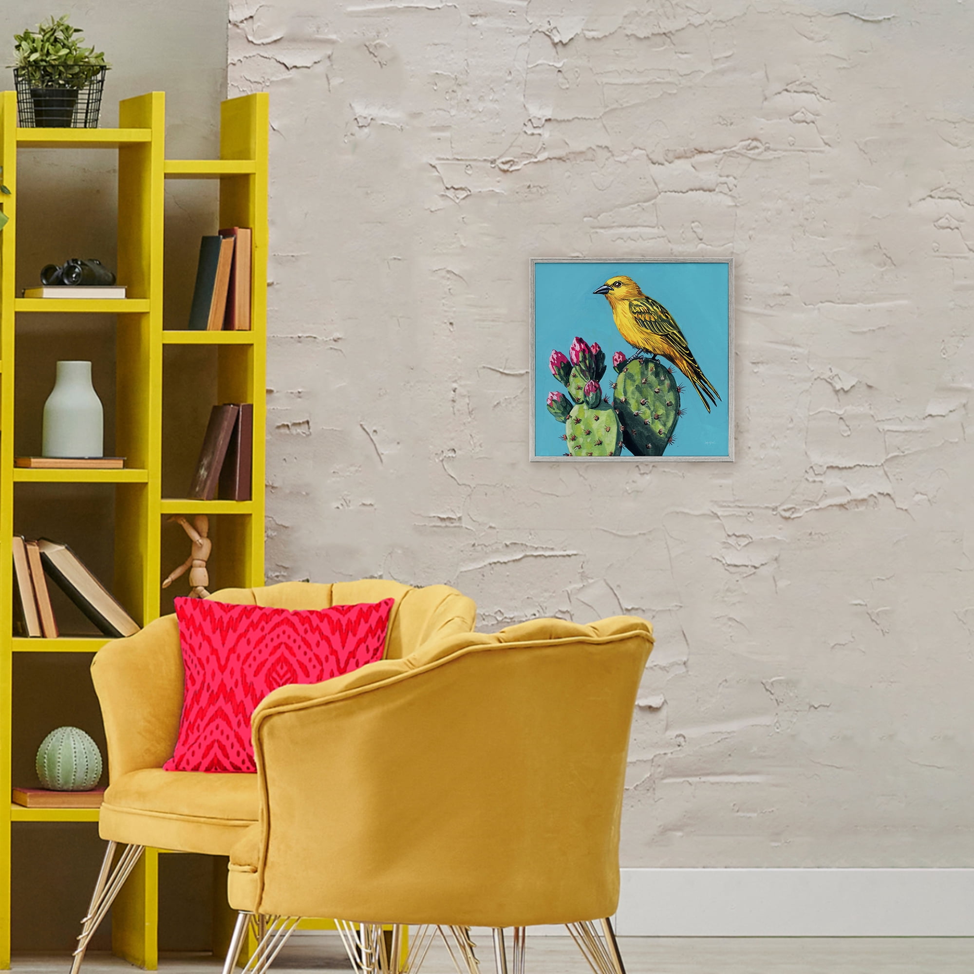 Stupell Industries Yellow Bird on Cacti Bloom Gray Framed Giclee Art, design by Kate Jarvik Birch