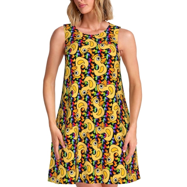 Xecao Canards Dessin Animé pour Robes d'Été pour Femmes Robes Décontractées de Plage Robes de Plage Sans Manches T-Shirt Robe Évasée avec Poches