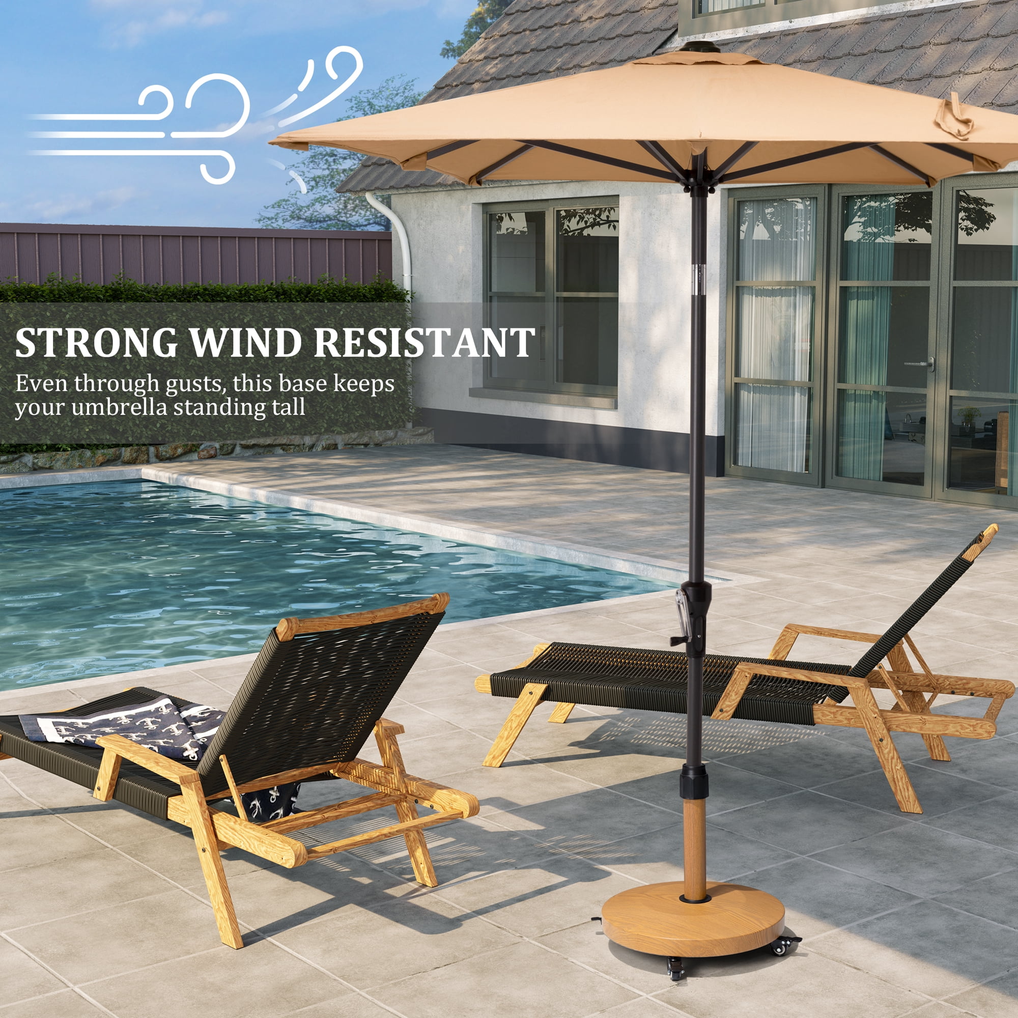 Pellebant Patio Umbrella Base with 4 Wheels, 55lbs Round Heavy Duty Concrete Stand for Outdoor Market Umbrella, Teak