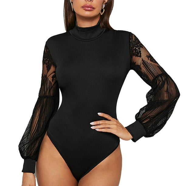 Women Long Lace Sleeve Bodysuit, High Cut Bottom Polyester Fiber Bottom  Snap Button Women Bodysuit Mock Neck For Holiday XL Black 