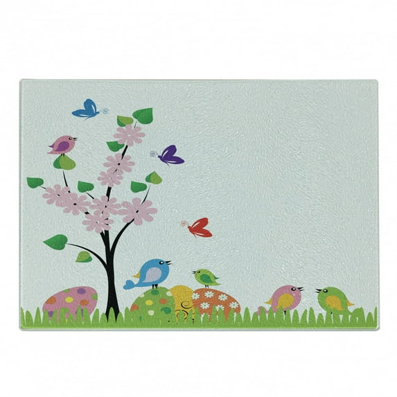 Easter Cutting Board, Spring Illustration with Abstract Flourishing Tree Leaves and Flowers Animal Pattern, Decorative Tempered Glass Cutting and Serving Board, Small Size, Multicolor, by Ambesonne