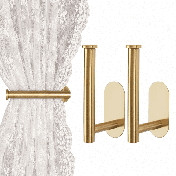 2 Pack Curtain Tiebacks, Curtain Holdbacks, Gold Curtain Rod, Curtain Holders for Wall, Wall Mounted Curtain Tiebacks, No Drill Adhesive Damage-Free Curtain Hooks for Drapes
