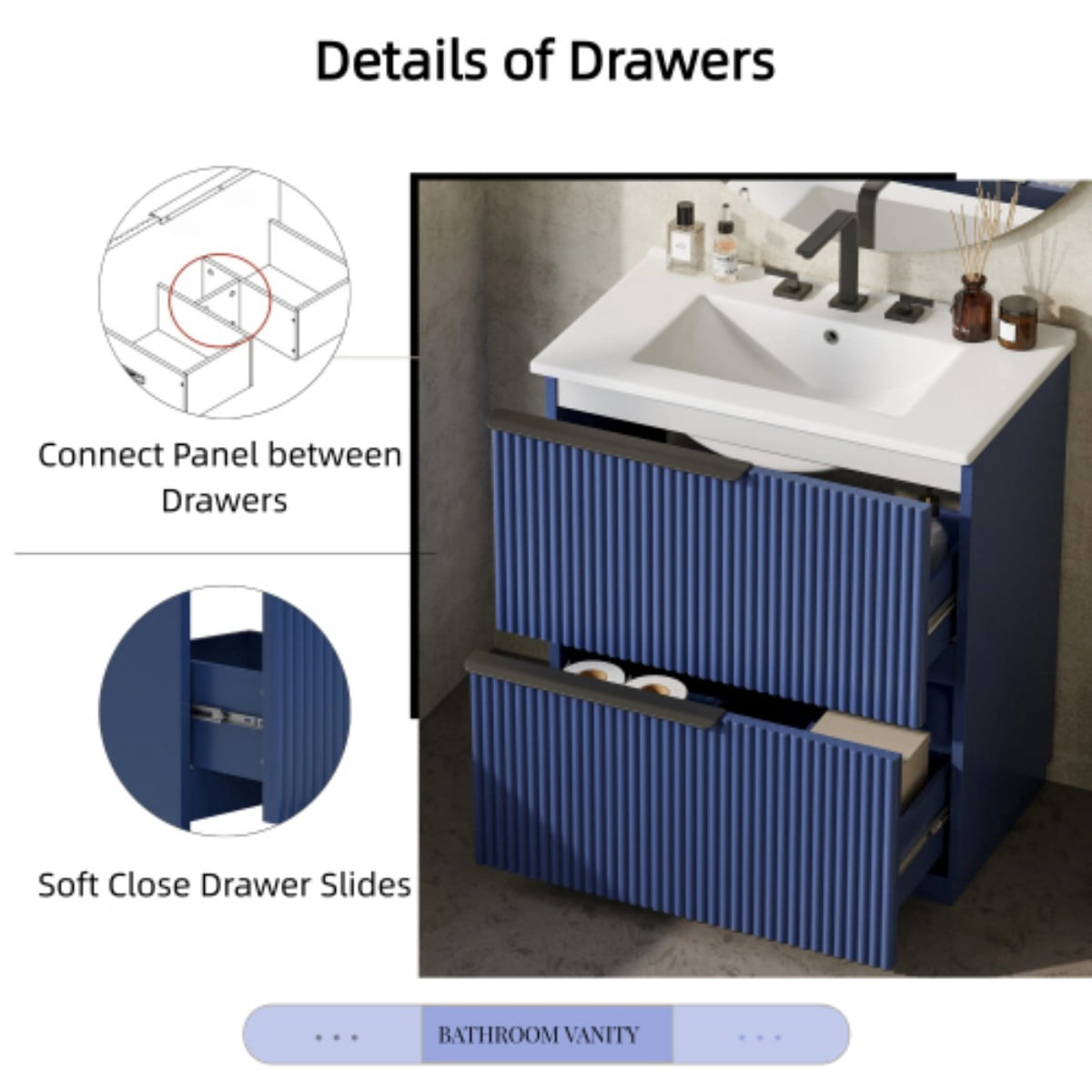 30" Bathroom Vanity with Ceramic Sink, Freestanding Bathroom Cabinet with Full Extension Drawers, Soft Close Slides, Fluted Design, Blue