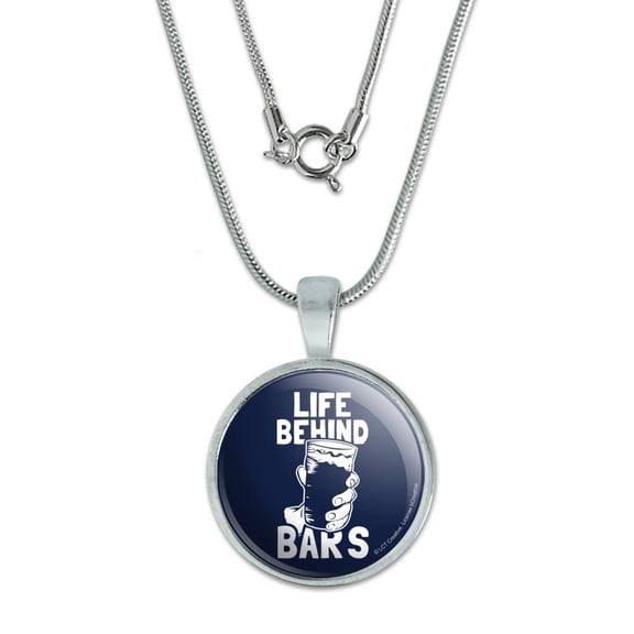 Life Behind Bars Drinking Funny Humor 0.75" Pendant with Sterling Silver Plated Chain