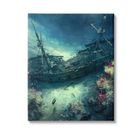 Stupell Industries Deep Sea Shipwreck Transportation Painting Gallery Wrapped Canvas Art Print Wall Art, 16 x 20