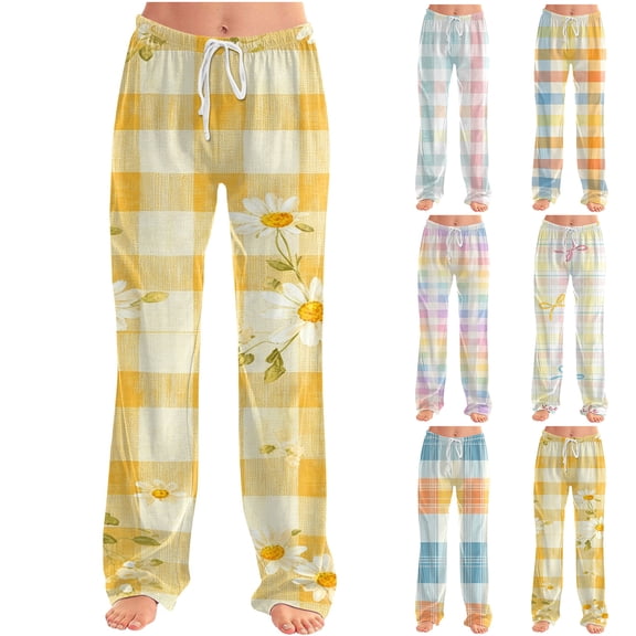 Trgacdwlo Plaid Pajama Pants Women Fall Wide Leg Women's Pajama Bottoms Elastic Waist Drawstring Cozy Soft Lounge Pants Women