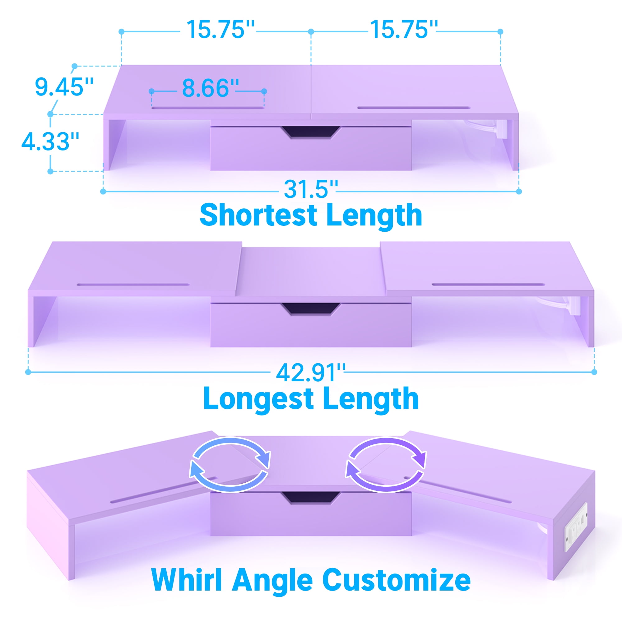 Yoneston Dual Monitor Stand Riser with Charger, Adjustable Length and Angle Desk Organizer with Drawer, Computer Monitor Stand with Phone Holder for PC, Laptop, Printer, Purple