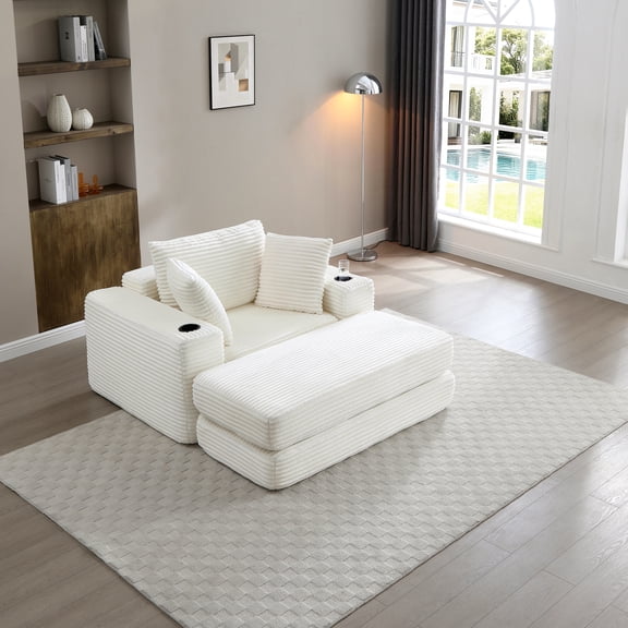 Boneless Chaise Lounge Chair, 52" 3-in-1 Convertible Corduroy Sofa Bed for Reading Living Room,Beige.