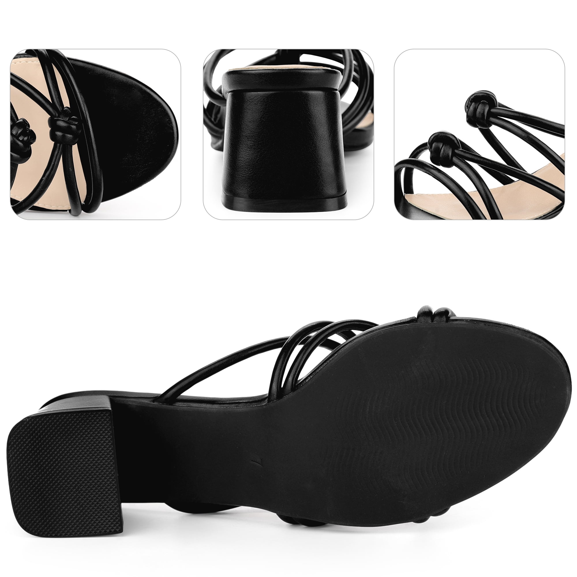 DARING DIVA Women's Strappy Knotted Block Heel Black Heels Slides Sandals Black 6.5