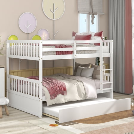 Bunk Bed with Trundle  Full Over Full Convertible Bunk Beds with Trundle and Ladder  Solid Wood Twin Bunk Bed with Rails and Safety High Guardrails for Kids  Teens (White)