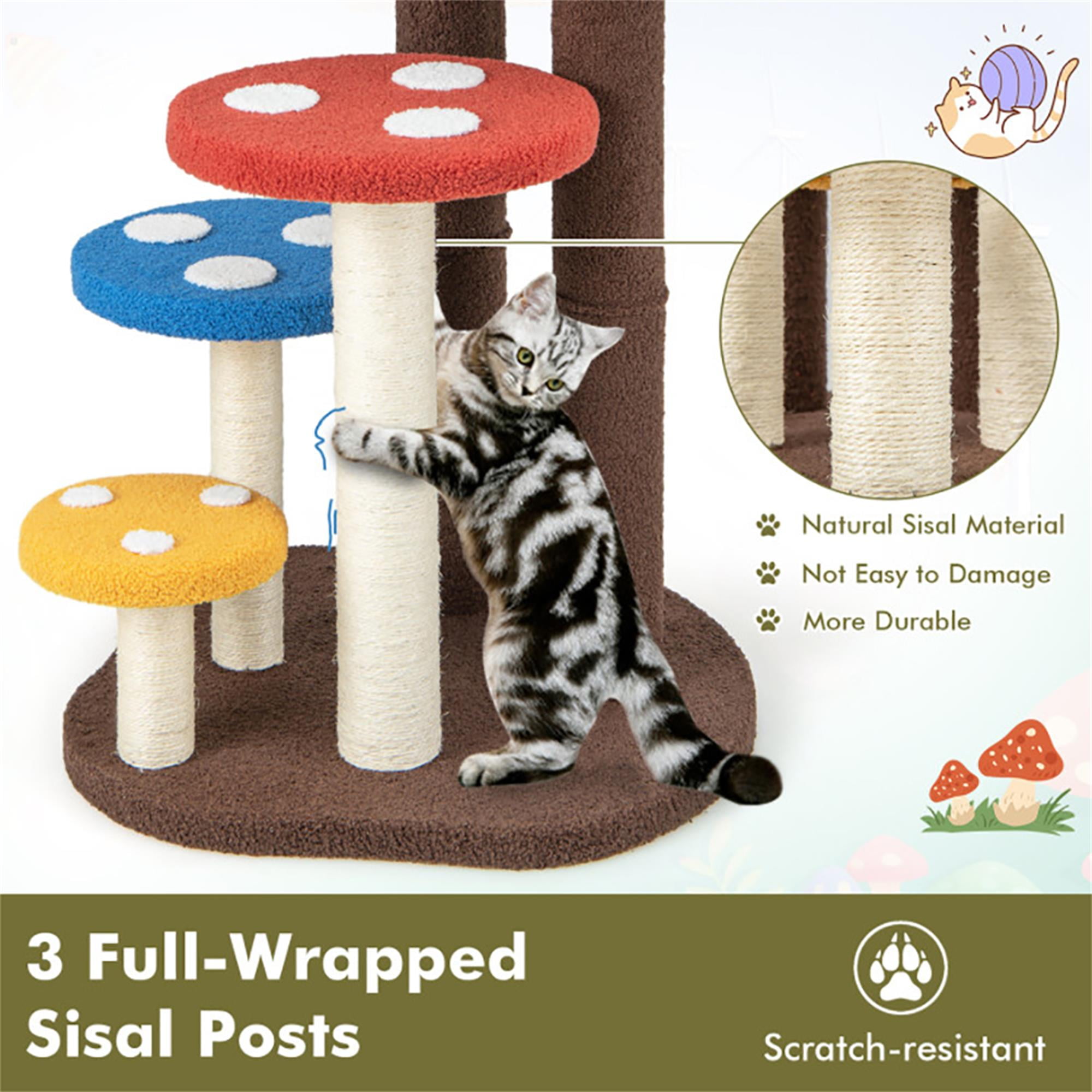 Kadyn 37" Cat Tree House, Small Cat Condo with Sisal Scratching Post, Mushroom Cat Tower, Multicolor