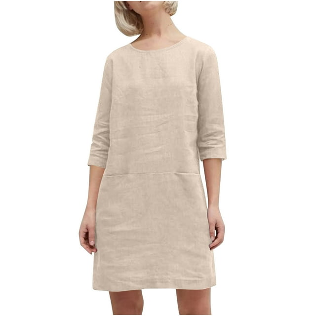 Gspmoly Robe pour Femmes, Robe Décontractée Unie avec Poches à Manches Mi-Longues et Col Rond, Robes de Travail pour Femmes jusqu'à 60 % de Rabais