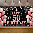 thumbnail image 5 of Pink Theme Happy 50th Birthday Banner Silver Balloons 50th Birthday Display Cake Design Champagne Glasses Birthday Celebration Backdrop for 50th Birthday Party Adult Celebration Family Gathering, 5 of 9