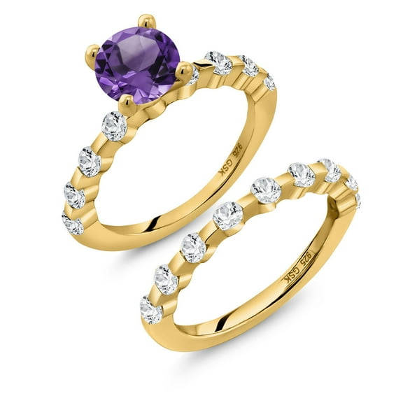 Gem Stone King 18K Yellow Gold Plated Silver Purple Amethyst and White Topaz Wedding Engagement Ring Band Bridal Set for Women (2.56 Cttw, Gemstone February Birthstone, Round 7MM, Size 6)