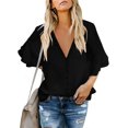 thumbnail image 1 of Blusas con cuello en V y volantes, mangas 3/4, nudo anudado, camisas con botones para mujer, 1 of 3