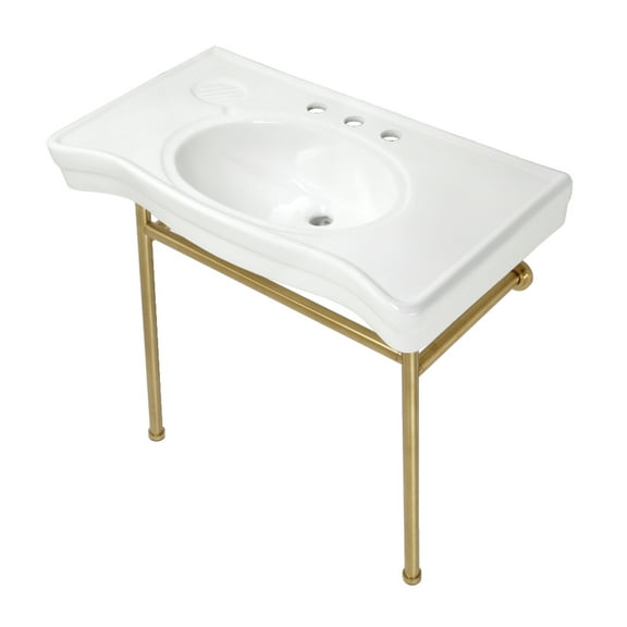 Kingston Brass VPB28140W87 Bristol 36" Ceramic Console Sink with Stainless Steel Legs (8-Inch, 3-Hole), White/Brushed Brass