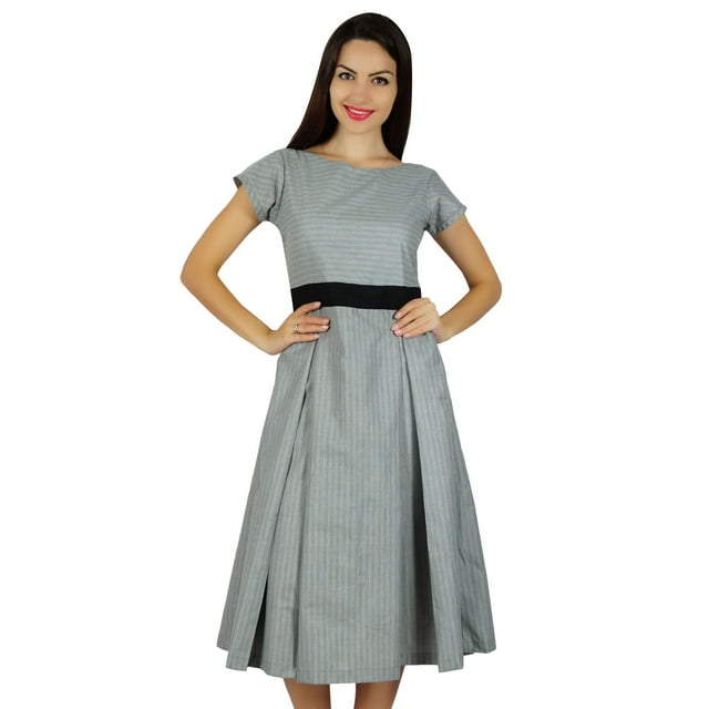 Bimba Robe Formelle à Manches Courtes pour Femmes, Robe Droite Plissée en Poly-Coton avec Poches