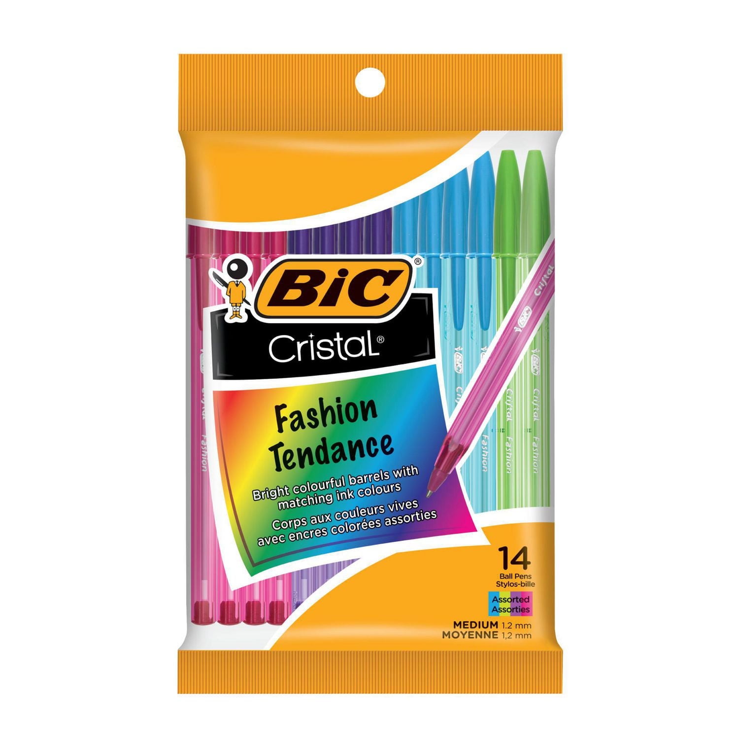 BIC Cristal Fashion Ballpoint Pen, Medium Point (1.2 mm), With Tungsten Carbide Ball For Smooth Flow, Assorted Colours, 14 Count, Pack of 14