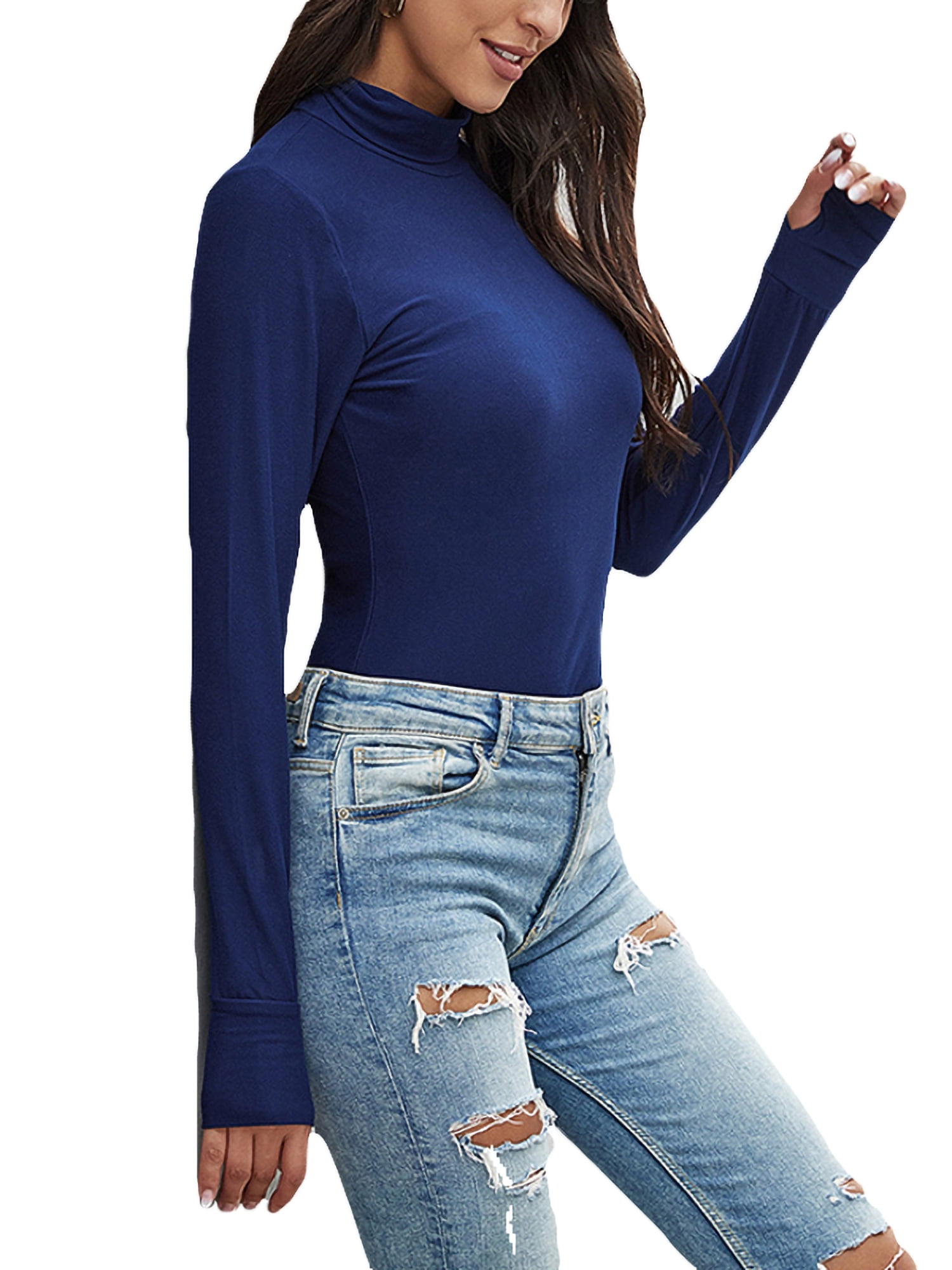 ouxiuli Women Basic Solid Slim Fit Long Sleeve Casual Turtleneck Tops T-Shirt