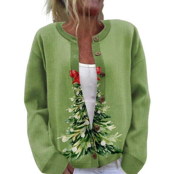 WTOBBY Women's Festive Christmas Print Knit Cardigan, Long Sleeve Pullover with Cute Designs, Cozy for Fall and Winter Holiday Seasons,Army Green L