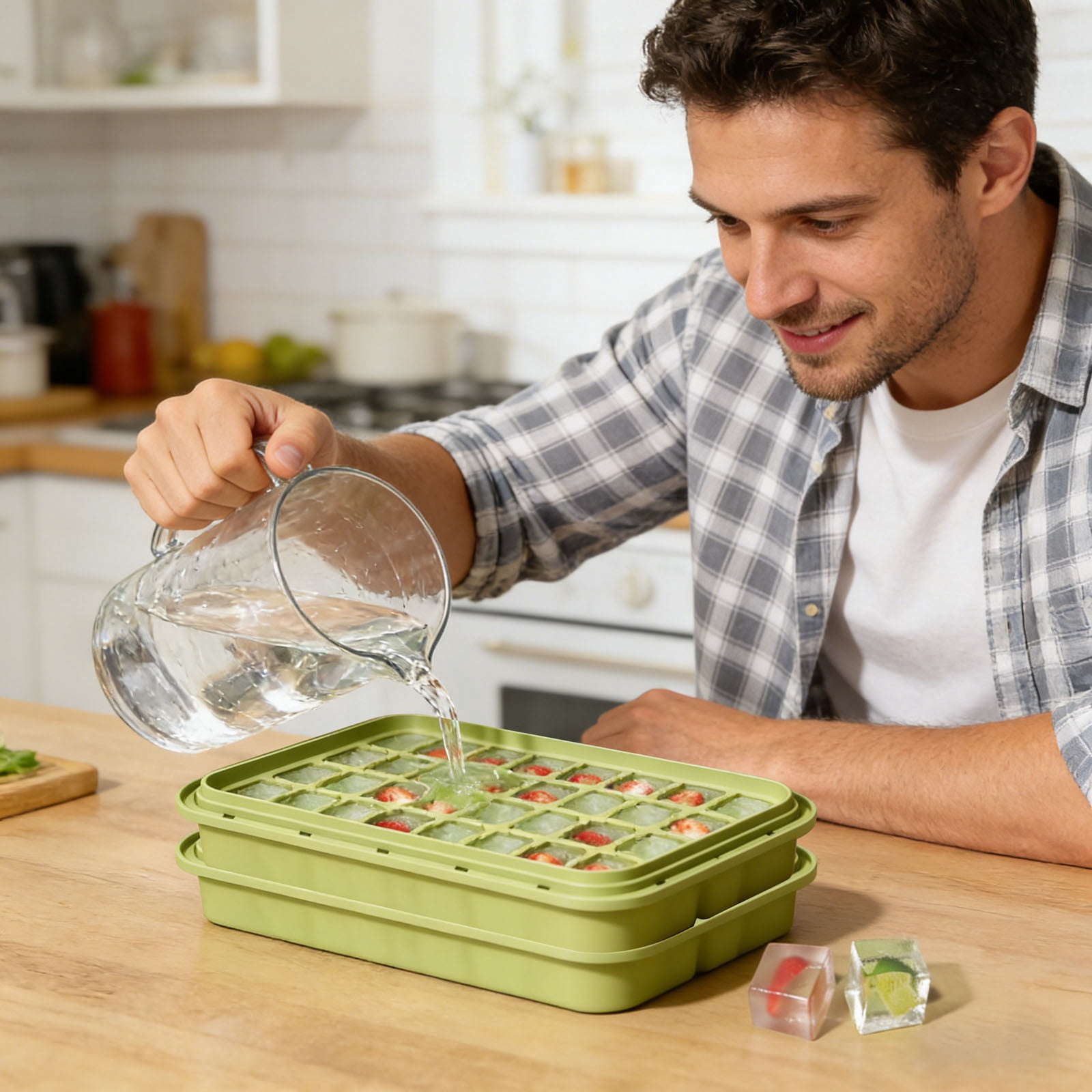 VMWMSSR Ice Cube Tray With Storage Bin, 64-Cavity One-Press Easy Release Ice Maker With Lid, Food-Grade Ice Mold For Summer Drinks, Home & Kitchen Use(A-22X13X14Cm)