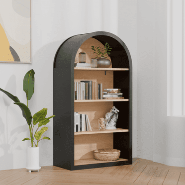WARMMUSE 43" Arched Bookshelf, 4 Tiers Modern Farmhouse Wooden Floor Low Short Bookcase Book Shelf with Storage Shelves, Black