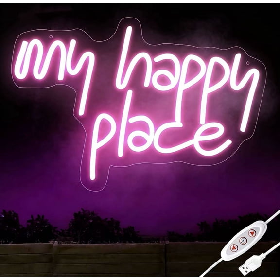 My Happy Place Pink LED Sign USB Dimmable Neon Light For Bedroom, Party, Wedding & Halloween Cute Decorative Gift For Best Friend & Her