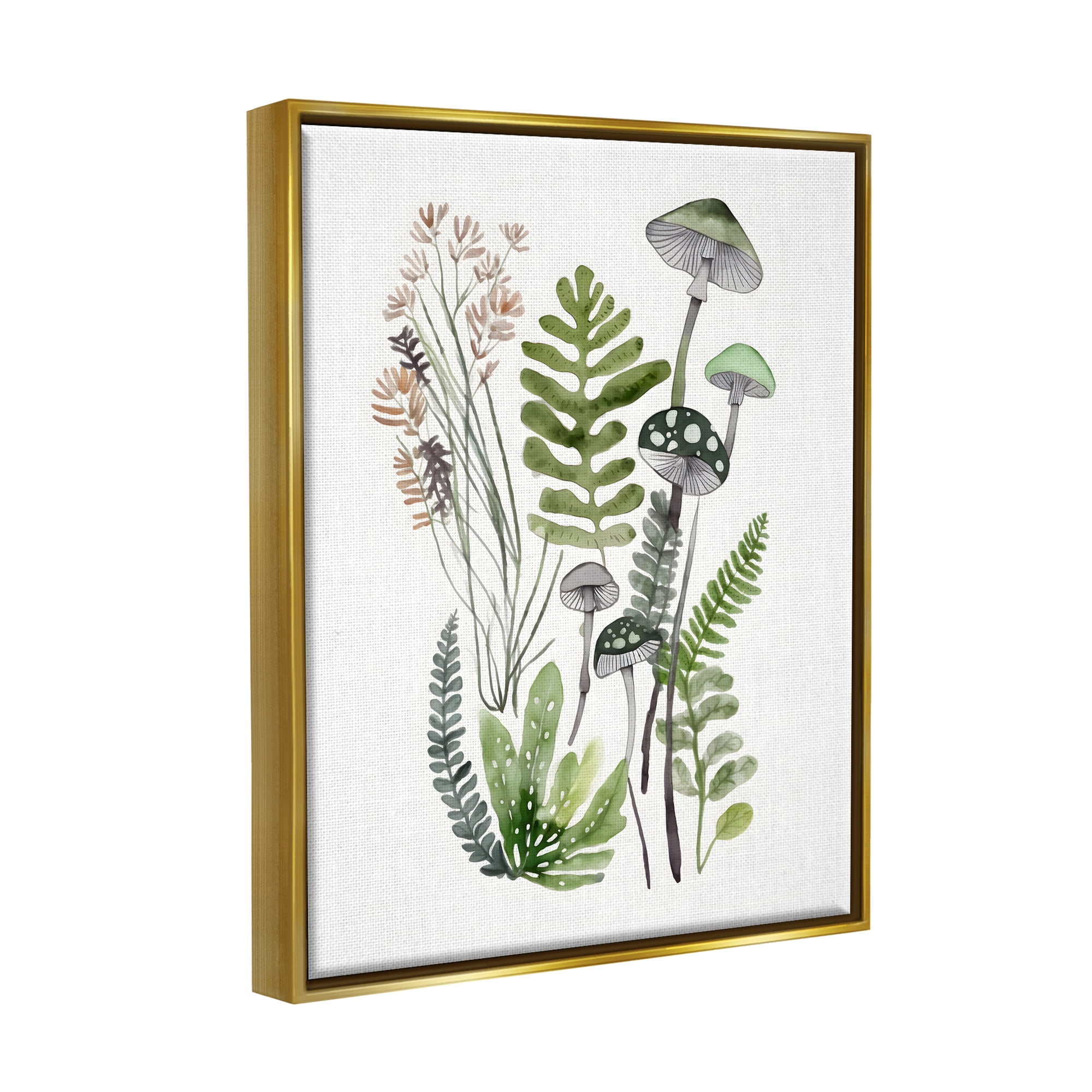 Stupell Industries Green Mushroom Botanicals Botanical & Floral Painting Gold Floater Framed Canvas Art Print Wall Art, 25 x 31