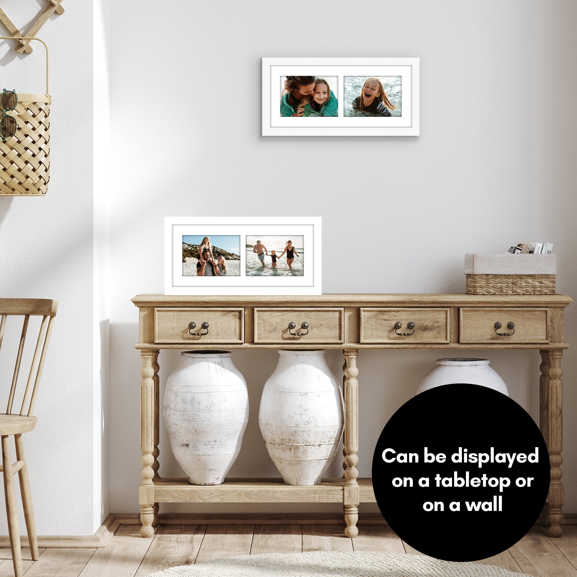 Americanflat 5x7 Double Picture Frame with Shatter-Resistant Glass Fits 2 use as One 7x16 Frame Signature - White
