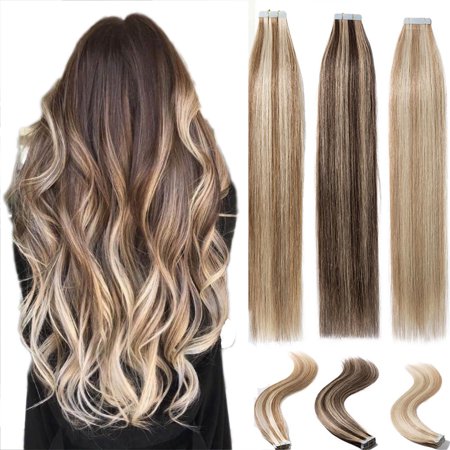 S-noilite 16-22inch 100% Remy Tape in Human Hair Extensions Double Side Tape Seamless Skin Weft Natural Hair Extensions Long Straight Silky light brown & bleach