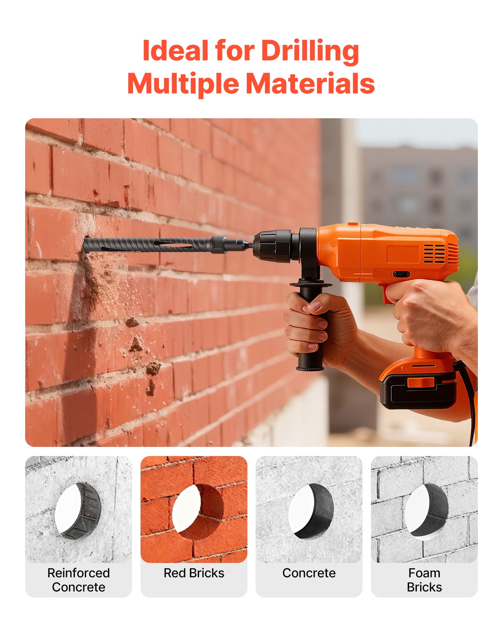 VEVOR Core Drill Bit, 1 inch Diameter, 9-1/2 inch Drilling Depth, 5/8-11 Internal Thread, Diamond Dry Coring Bit with 3 Adapters, Pilot Drill and Hex Wrench, for Concrete, Red Bricks, and Masonry