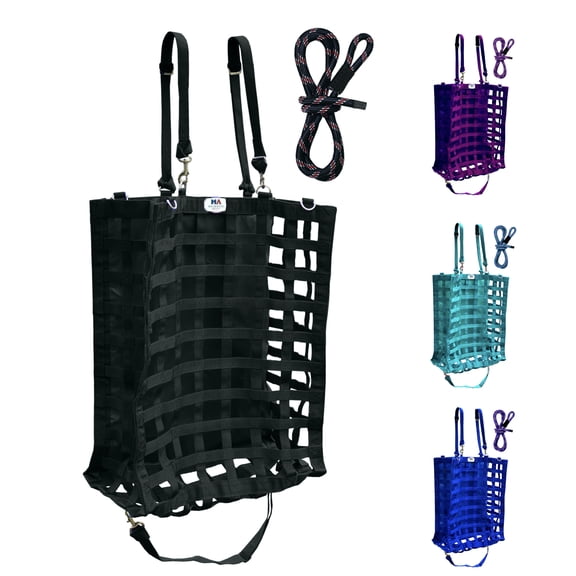 Majestic Ally Three-Side Open Slow Feeder Hay Bag with 2"x2" Holes and 8-Feet Poly Rope - Horse and Livestock Feed Bag with 1-Year Warranty