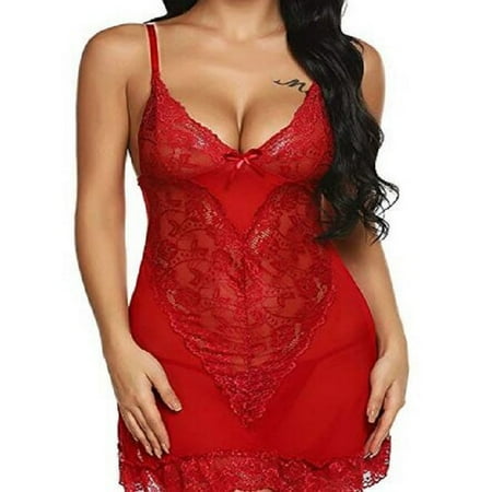Deals of The Day Clearance TMOYZQ Nightgown for Women Lace Trim Babydoll Chemise Mesh Nightdress See ThroughV Neck Nightwear Side Split Nightgown