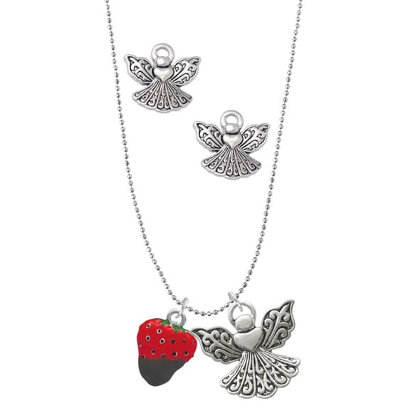 Delight Jewelry Silvertone 3-D Chocolate Dipped Strawberry Silver tone Guardian Angel Charm Necklace and Stud Earrings