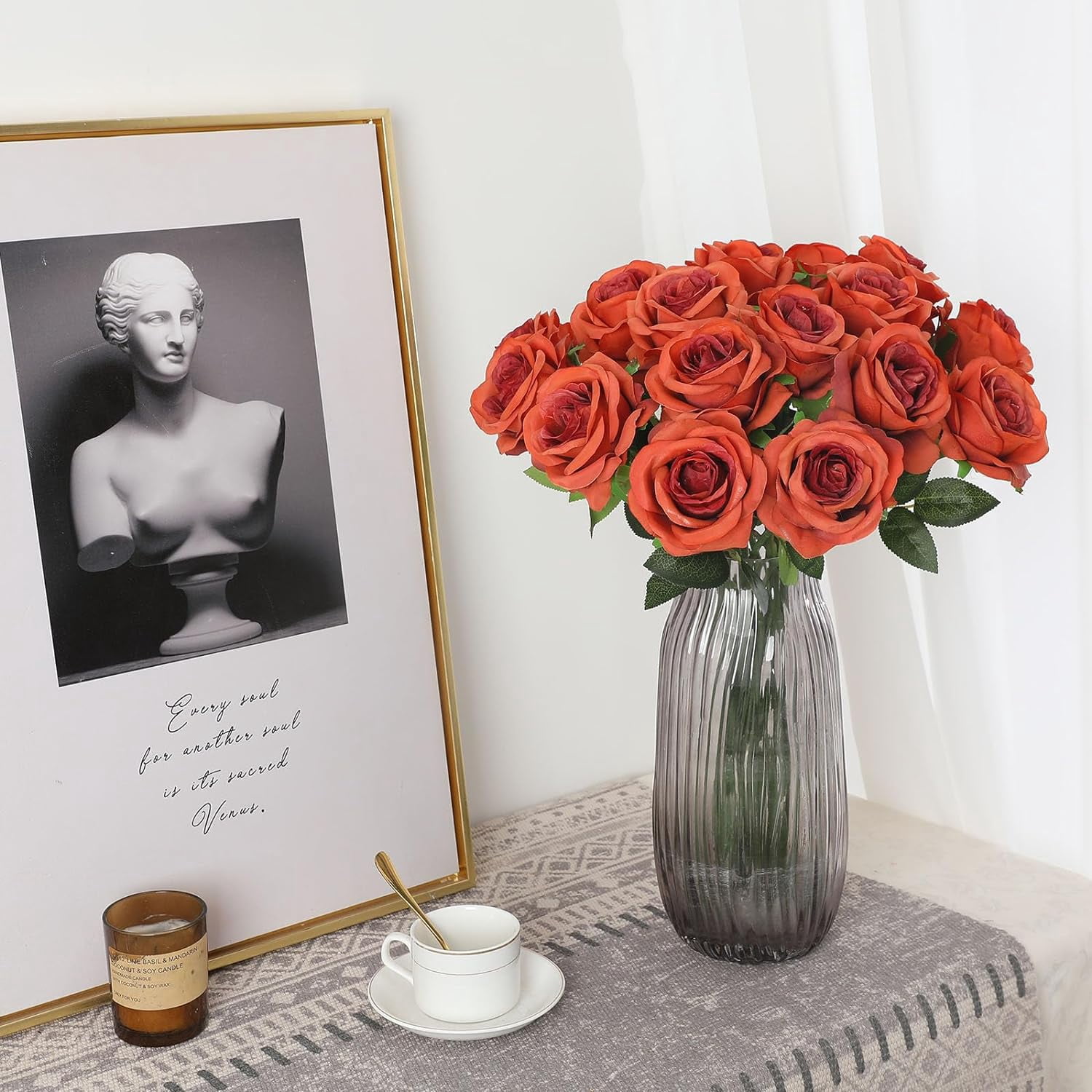 Orange Fake Roses Artificial Flowers - Fake Artificial Roses Silk Flowers with Stems for Home Wedding Hotel Office Centerpiece Decor（Burnt Orange）