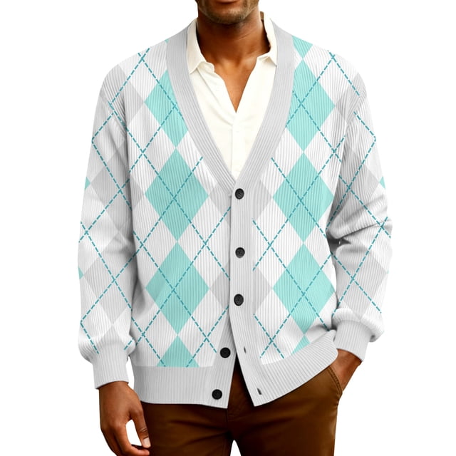 YIFUNIN Men's Ribbed Knit Cardigan, Long Sleeve Casual Open Front Jacket, Lightweight Plaid Print Sweater Coat for Fall Spring Layering Light Blue M
