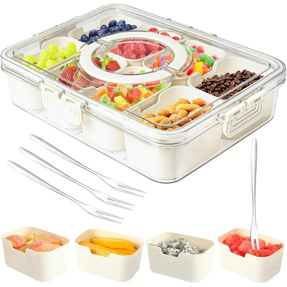Snackle Box Container,Portable Snack Box 8 Compartment Divided Serving Tray with Lid and Handle,Clear Storage Organizer for Fruit Candy Nuts Veggie-Perfect for Road Travel Party（1 Pack）