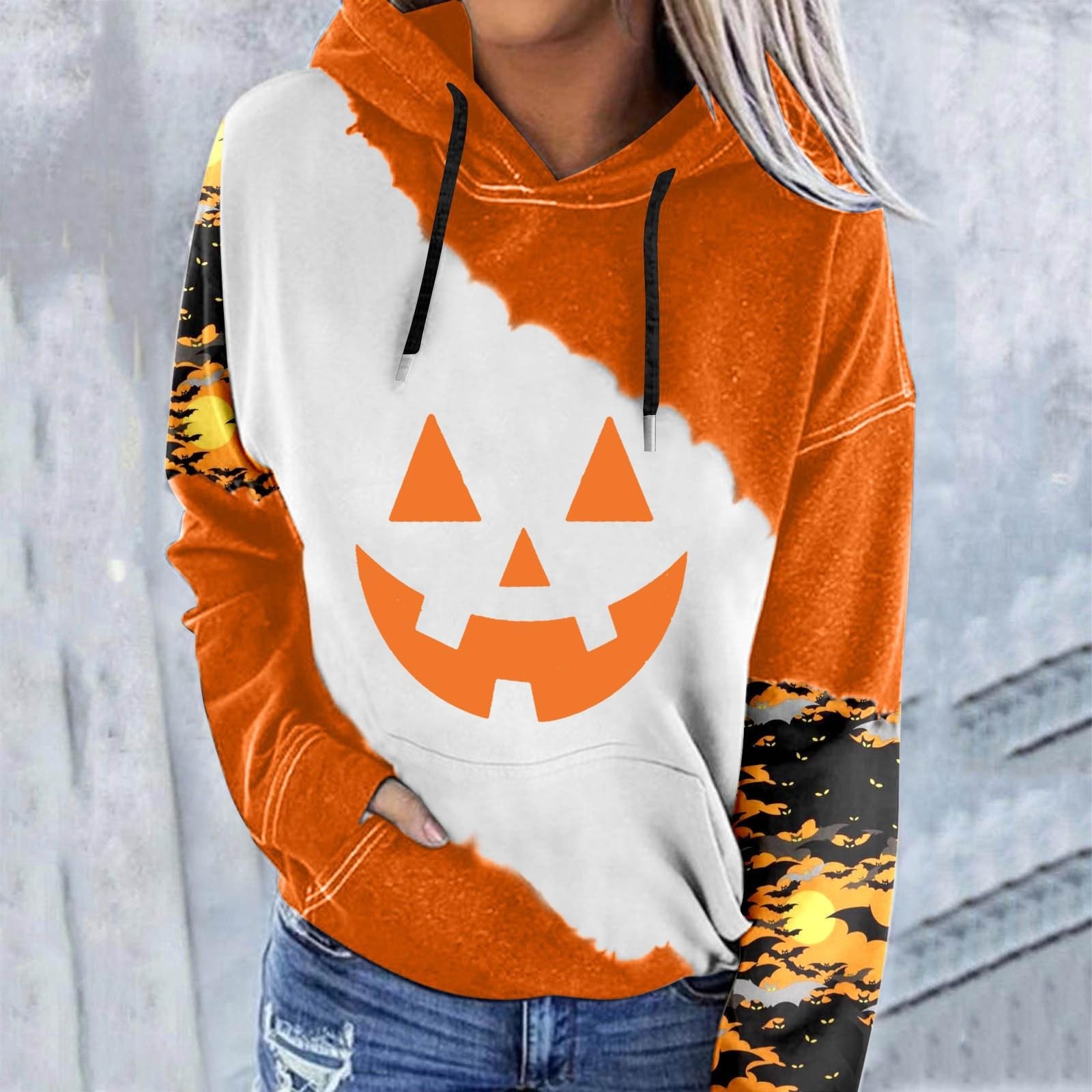 GZEFJRQM Halloween Themed Hoodies 2024 Halloween Pumpkin Print Long Sleeve Hoodies Color Block Hoodie Tops Casual Pullover Tops Drawstring Hooded Sweatshirt Walmart