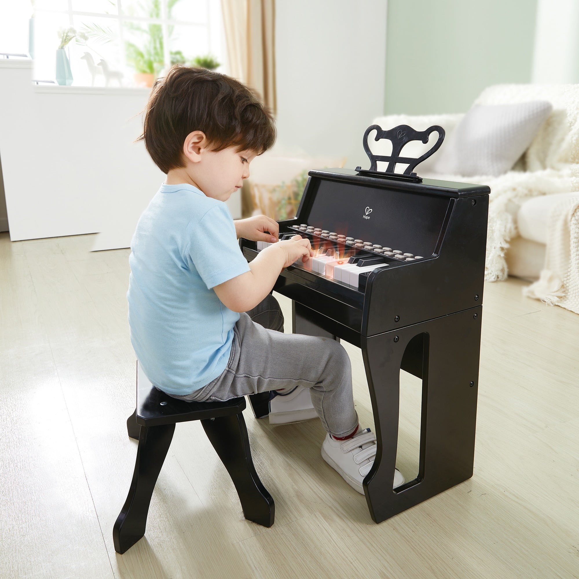 Hape: Learn With Lights Piano w/ Stool - Black - Wooden Electric Musical Toy, 25 Light-Up Keys, Demo Tunes, Record & Playback, Instrument, Kids Age 3+