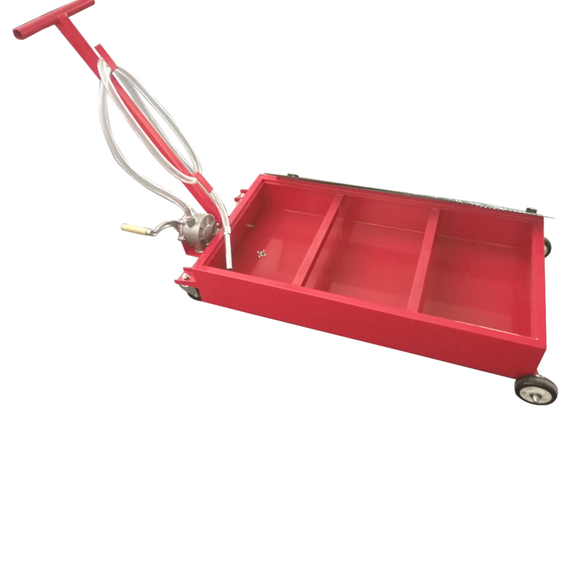 Casters: 4-inch L x W x H 10 cm 131 x 64 x 80 / cm Manoch 20 Gallon Oil Drain Pan Low Profile Dolly with Pump 8 feet Hose and Wheel Material: Iron Overall Dimensions: 51.57 x 25.2 x 31.5 
