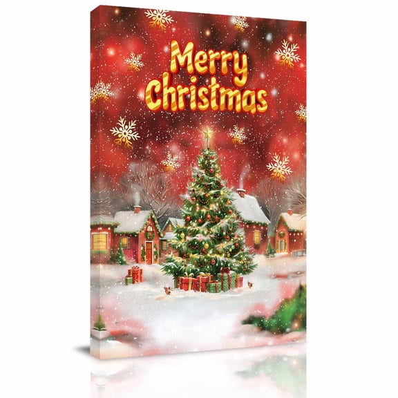 Canvas Wall Art, Red Green Christmas Framed Canvas Prints for Bedroom Living Room, Winter Snowflakes Xmas Trees Village Large Gallery Wrapped Wall Decor for Home Office, Gifts, 18"x24" Ship Next Day